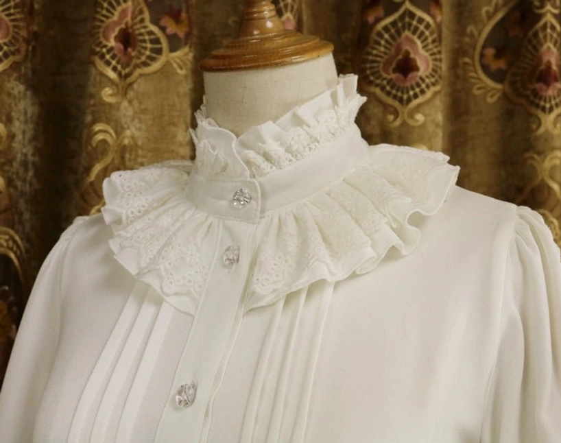 Close-up detail of milky white Lolita blouse collar and front placket showing multi-layered ruffled stand collar, crystal-effect decorative buttons, and structured front pleating