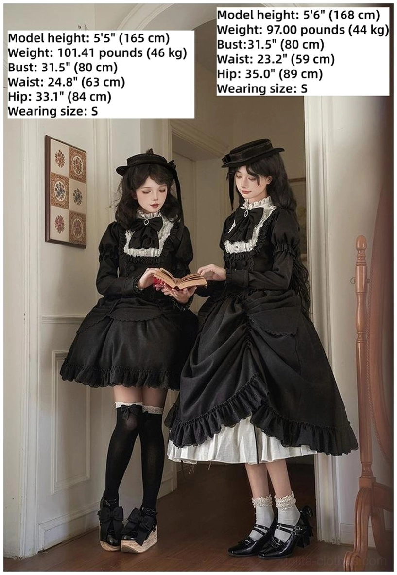 Detailed close-up of lolita blouse showing ruffled collar construction, boning detail at waist, and vintage juliet sleeve design with fitted cuff