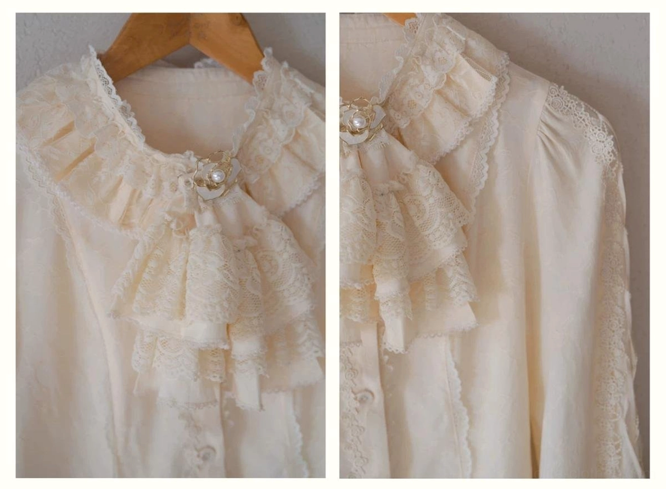 Size chart comparison for classic lolita hime sleeve blouse showing all four sizes S M L XL with measurements in both centimeters and inches for proper fit selection