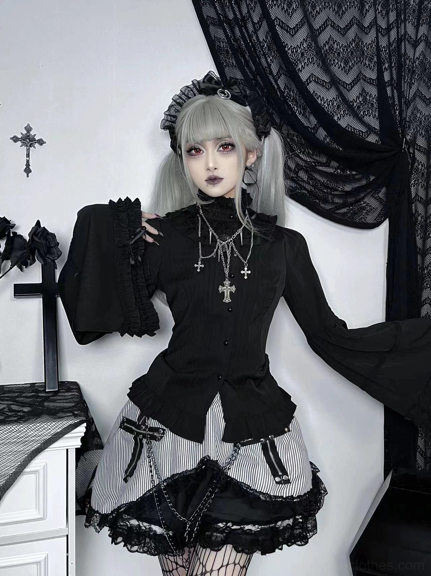 Size comparison and layering demonstration of classic Lolita blouse showing how adjustable sleeves work across different sizes for various body types and fitting preferences