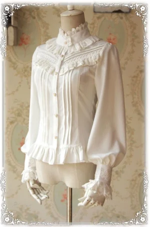 White Classic Lolita Blouse with Stand Collar and Lace Ruffle Details Front Three-Quarter View on Dress Mannequin