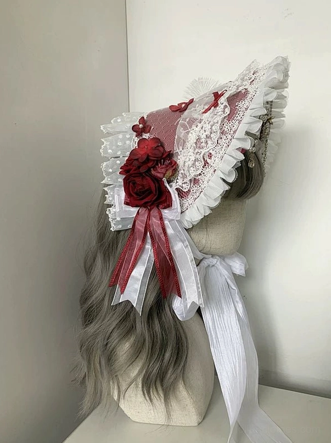 Classic lolita bonnet white lace trim burgundy silk roses rear side view pink hat body red-white ribbon