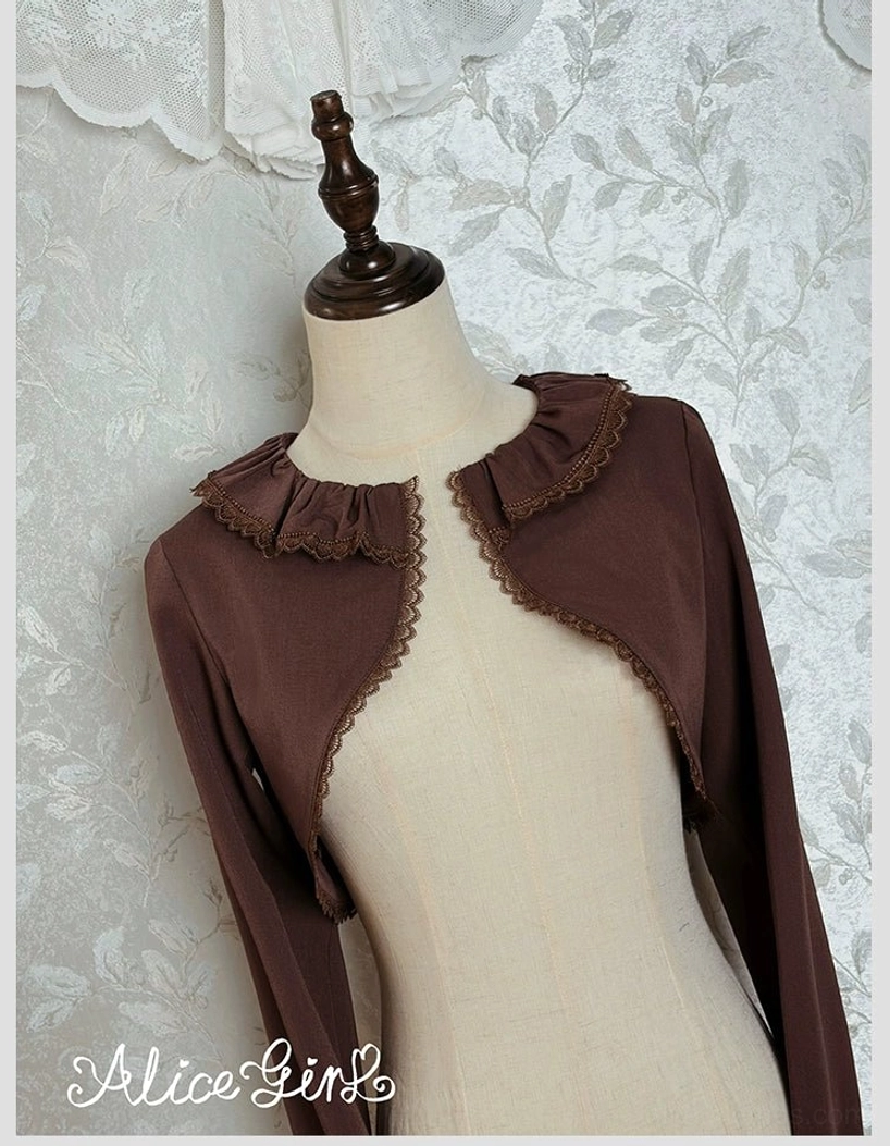 Deep brown classic lolita long-sleeve bolero close-up front detail with scalloped lace edging open front ruffled collar
