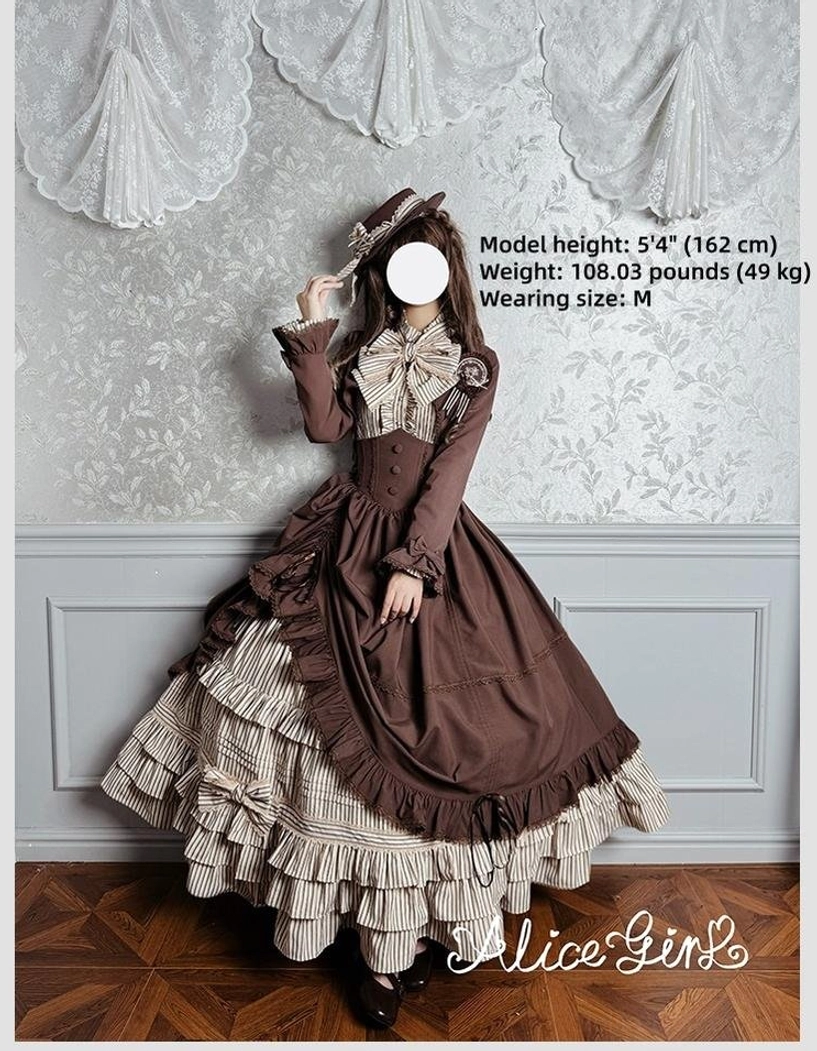 Classic lolita bolero coord styling on model height 5 feet 4 inches wearing brown bolero with striped ruffled skirt full standing front view