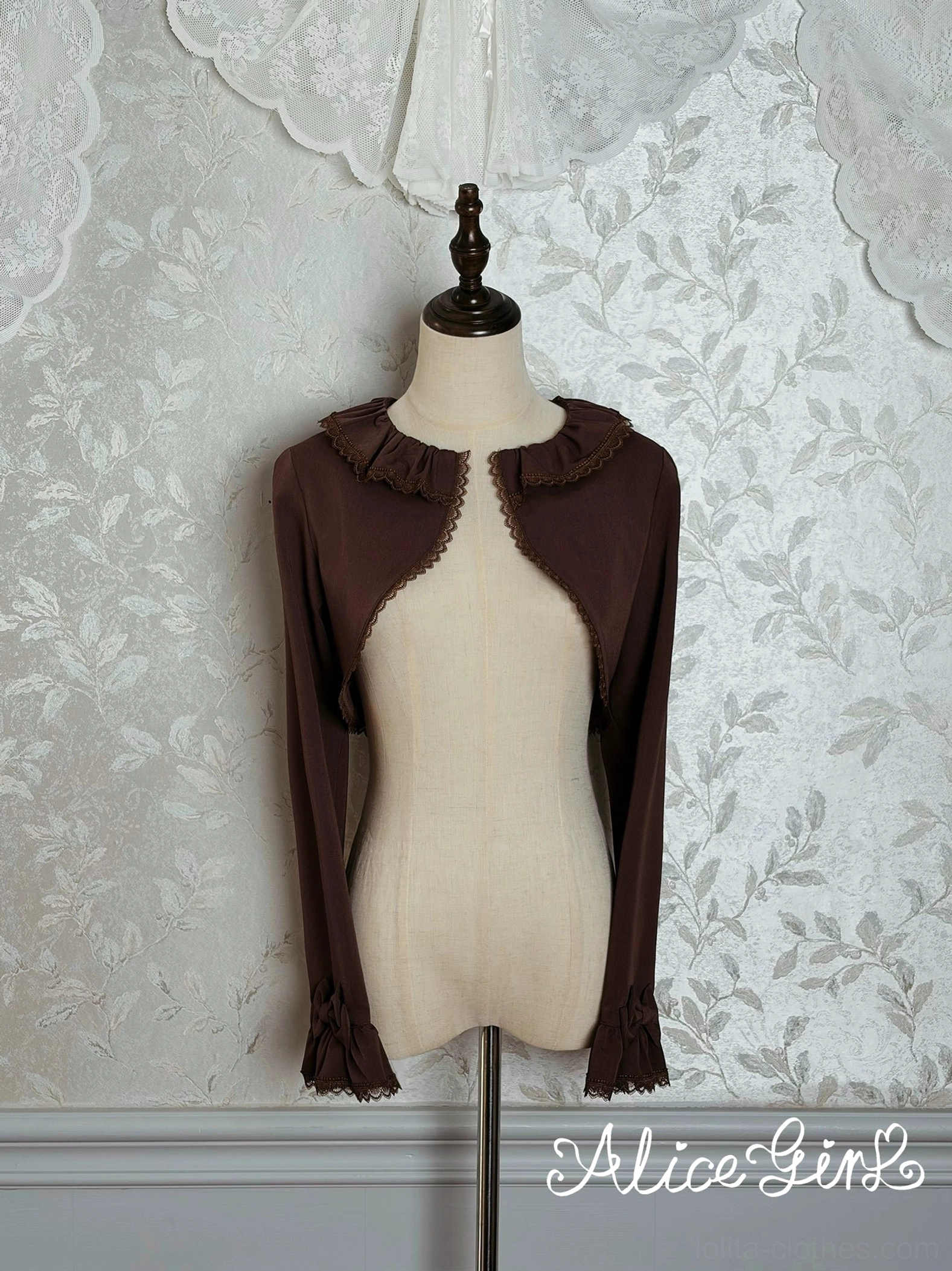 Deep brown classic lolita long-sleeve bolero front view on dress form with ruffled lace collar vintage styling