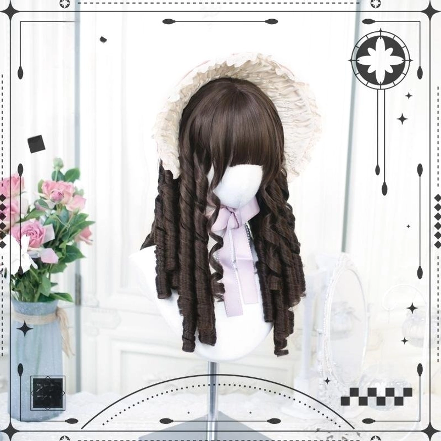Left front three-quarter view of brown Lolita wig with roman roll curls straight bangs and light purple bow tie on mannequin head wearing ruffled bonnet with floral background