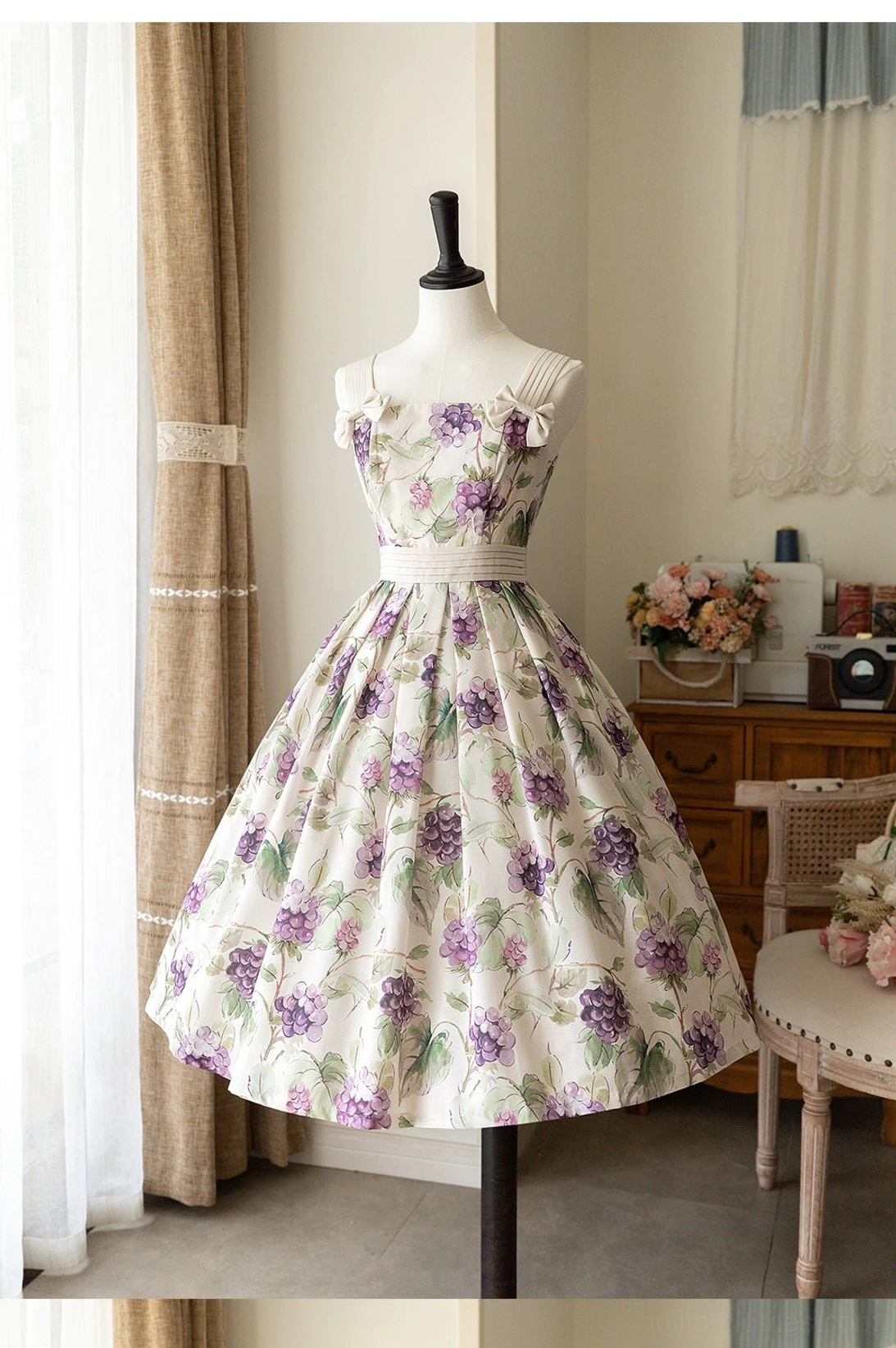 Classic lolita coordination featuring beige tricolor JSK dress with cardigan bolero jacket, vintage brooches, and Mary Jane shoes