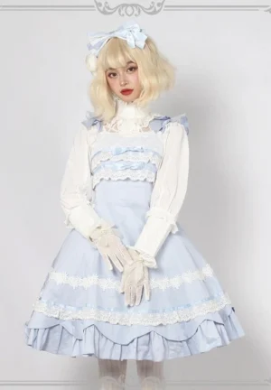 classic lolita cotton jsk dress light blue with white lace chest panel front view