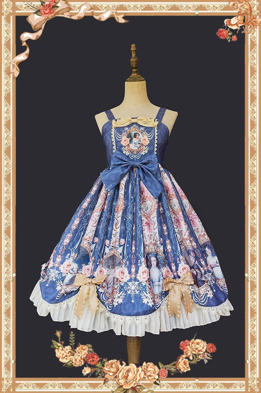 Classic lolita dark blue vintage portrait jumperskirt full length mannequin display romantic prints large waist bow
