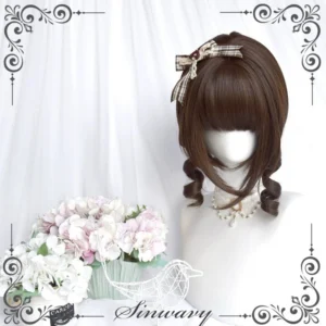 Classic lolita wig dark brown straight bangs with loose curled ends, paired with plaid hair clip and statement necklace, front mannequin display