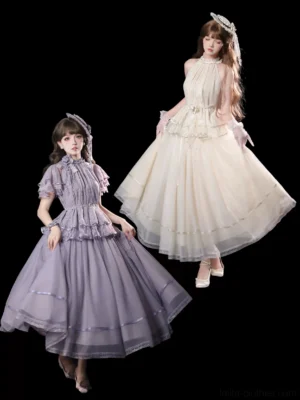 Dynamic full-body portrait of classic lolita halter dress ensemble in purple and cream, showing fitted waist construction with dramatic tiered tulle skirts and elegant vintage styling on two models against studio background