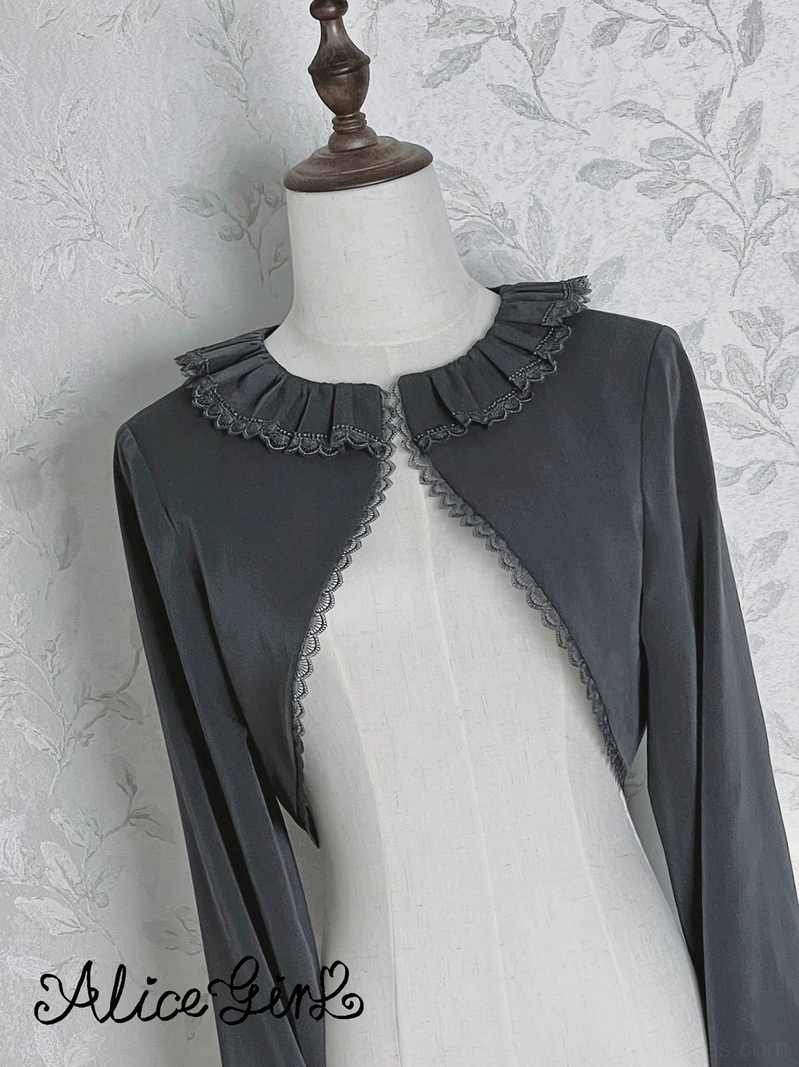 Dark gray classic lolita bolero close-up front view showing ruffled lace collar scalloped lace edging details