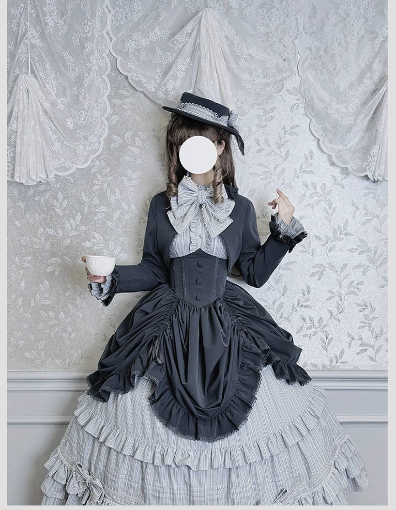 Classic lolita gray bolero sleeve detail showing long-sleeve construction extended shoulder measurement decorative cuff