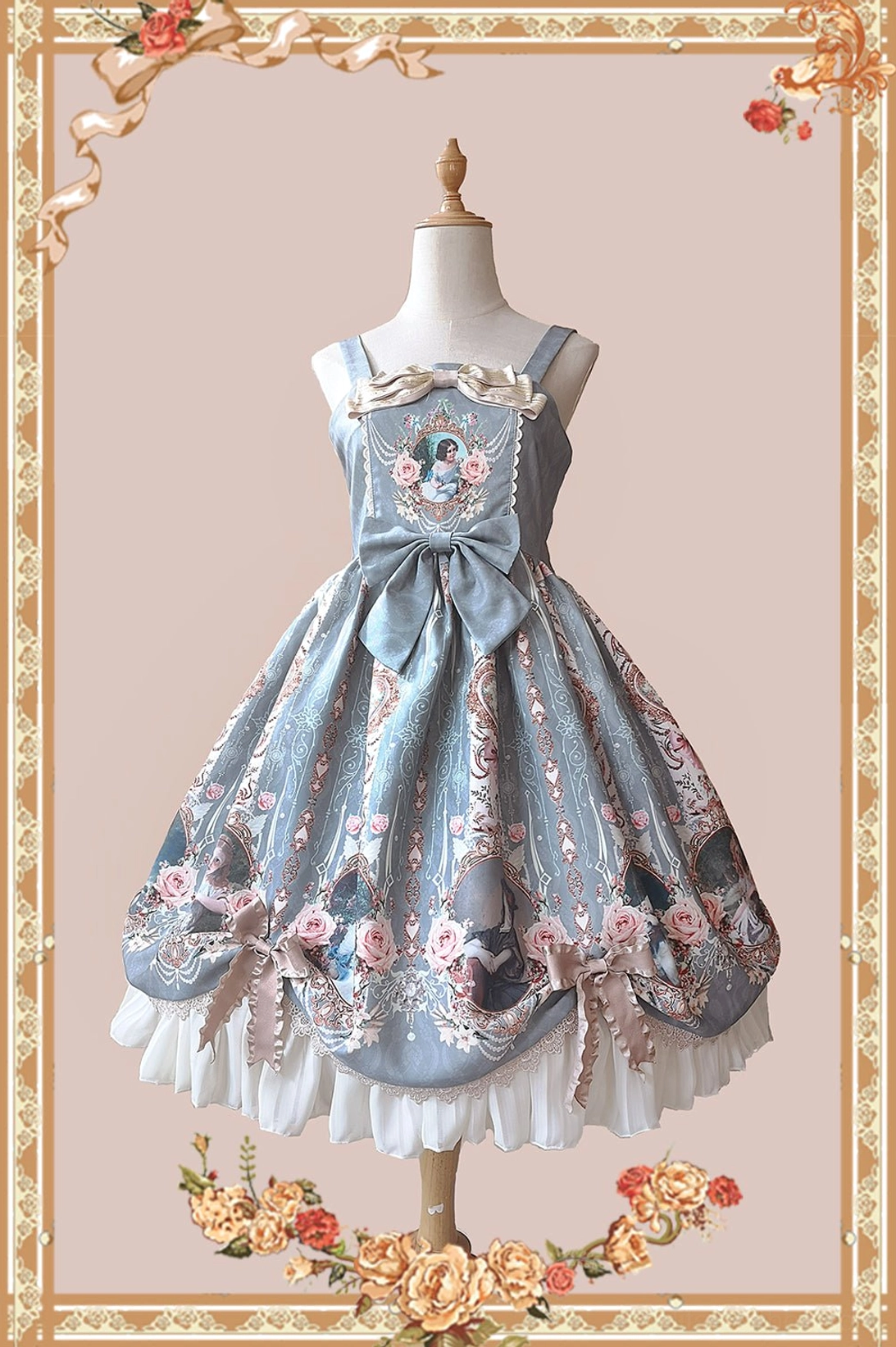 Minimalist classic lolita grey-green jumper skirt mannequin full front view subtle vintage prints small front bow ruffle hem