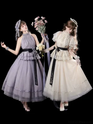 Classic lolita two-piece dress set in lavender purple and cream white colors, featuring halter-neck blouses with ruffled trim and tiered tulle midi skirts, displayed on two female models wearing vintage hair accessories with flower bouquets