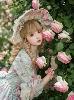 Blonde model wearing classic lolita bonnet with pink satin bow and floral dress surrounded by fresh rose flowers outdoor portrait