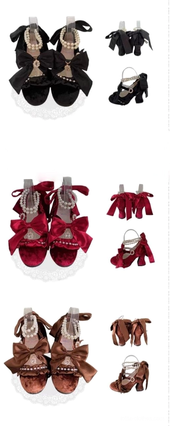 Classic Lolita block heel shoes showing premium jacquard satin and velour material composition with soft luminous glow perfect for coordinate photography and elegant aesthetics