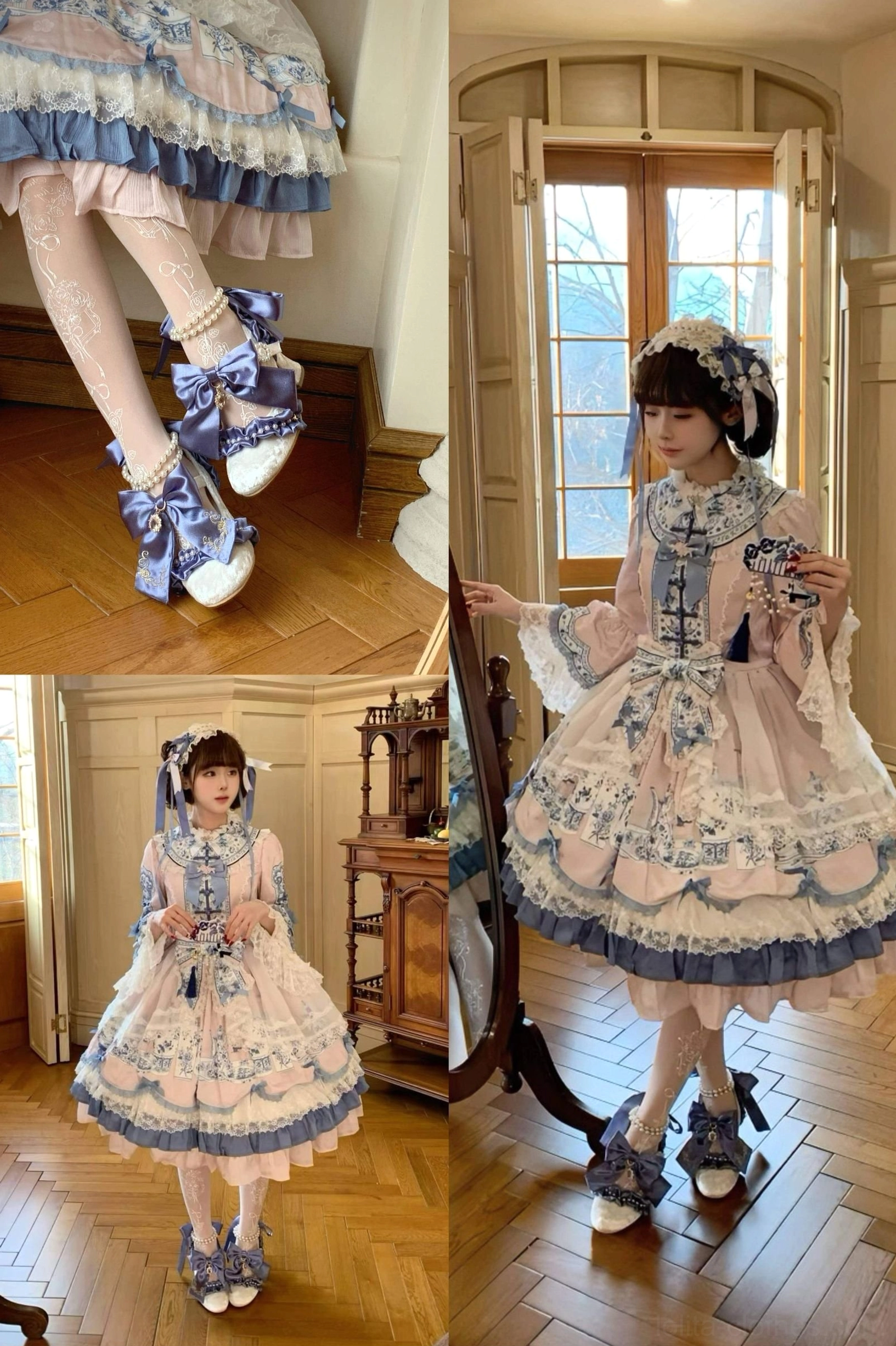 Classic Lolita wedding heels sizing guide and product specifications with multiple color options and detailed measurement information