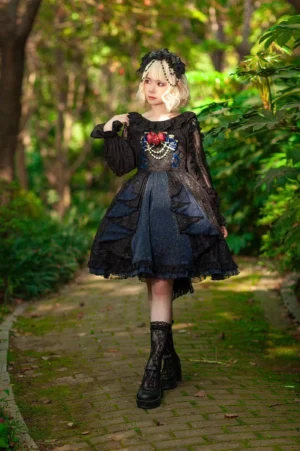 Classic lolita jacquard JSK dress black front full-body view model forest setting romantic style