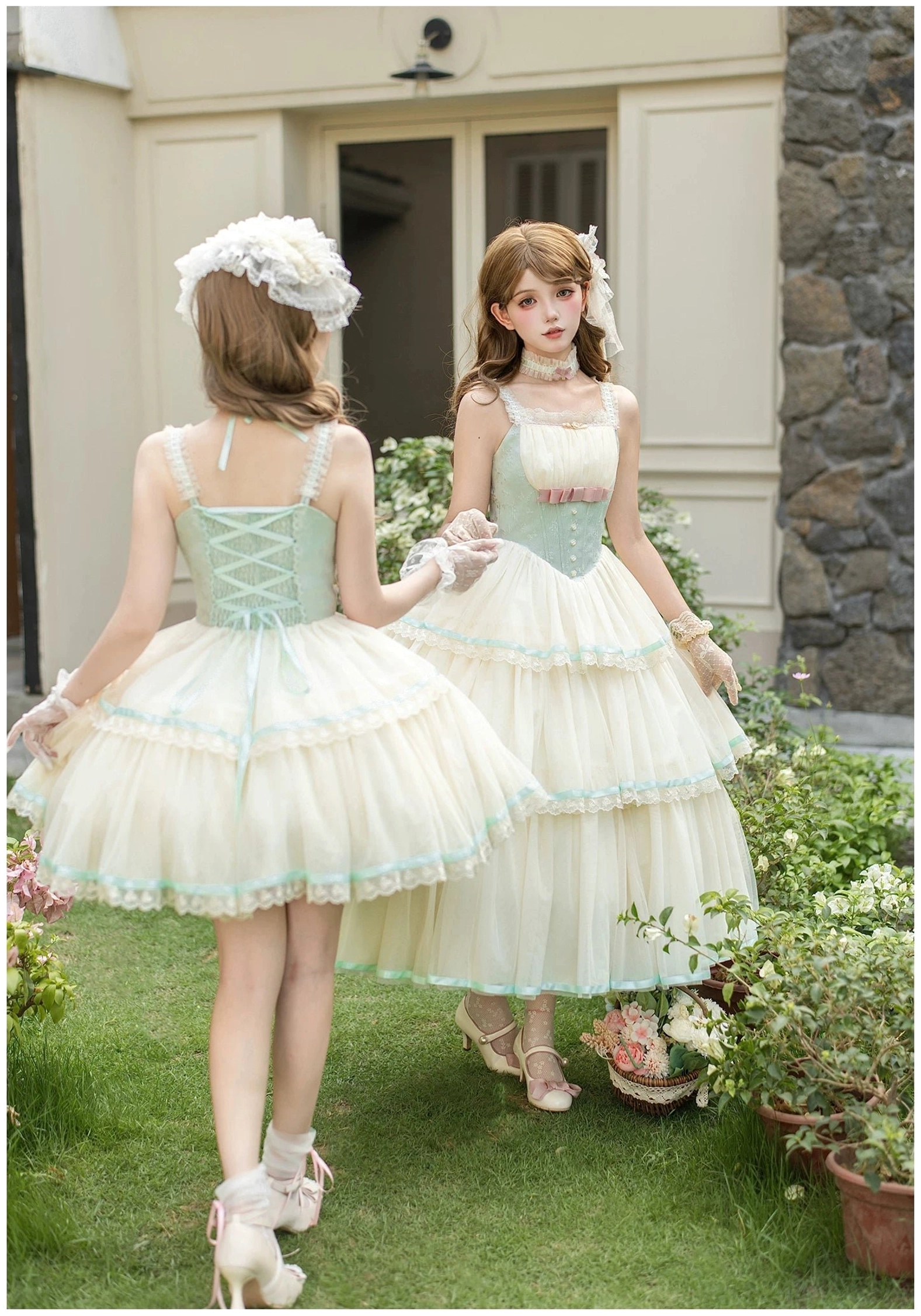 Classic lolita JSK dress back view adjustable lace-up corset mint green tulle skirt cream tiered
