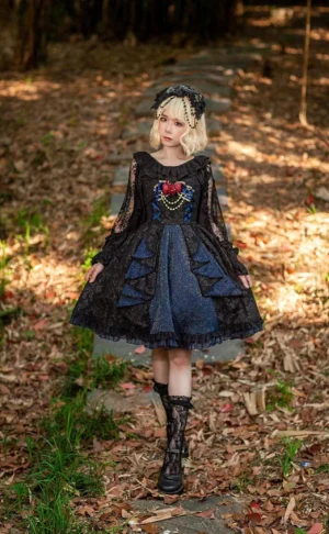Classic lolita jumper skirt dress black with lace-up back front view model outdoor autumn leaves
