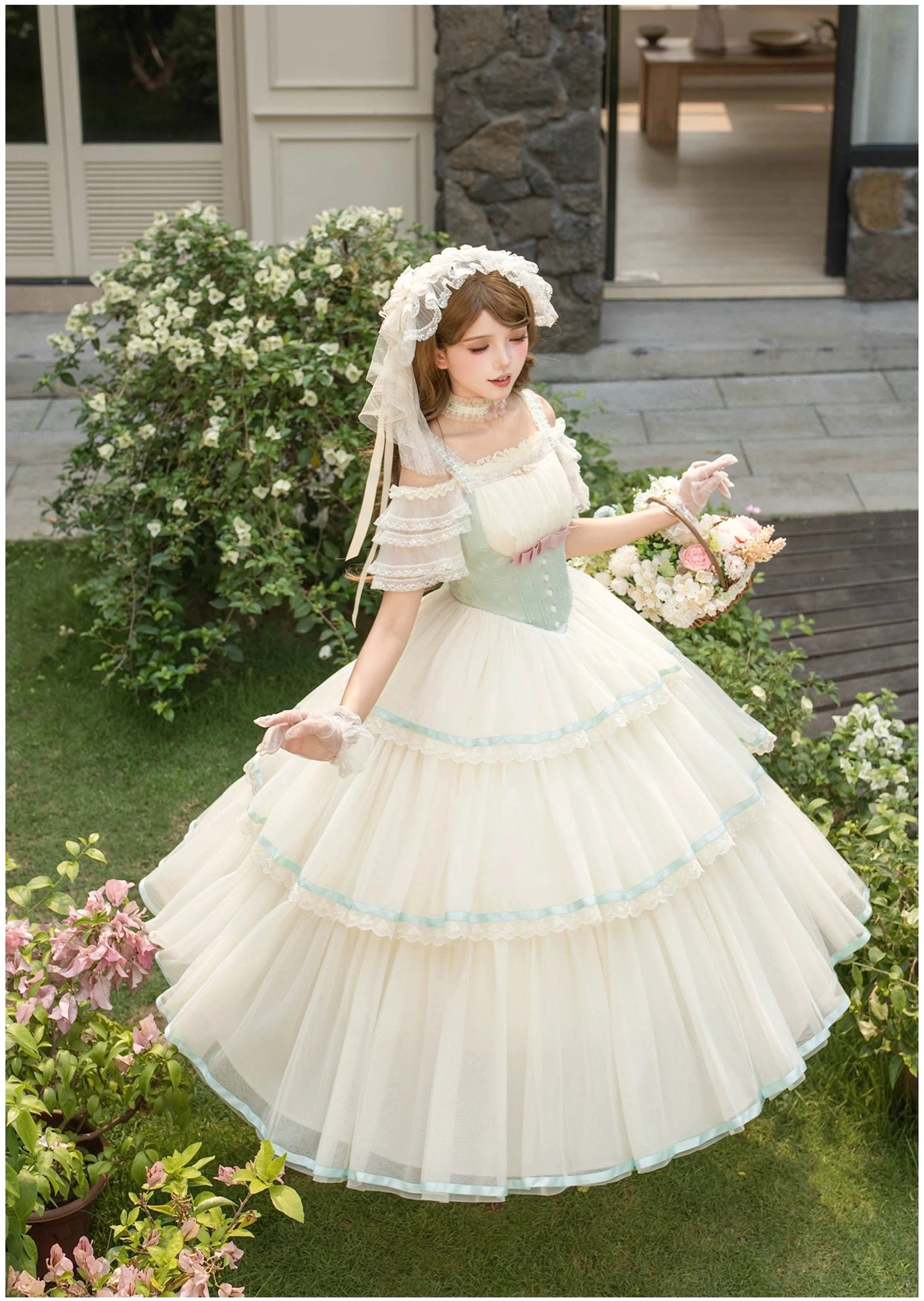 Classic lolita corset JSK dress jacquard bodice texture mint green weave pattern close-up