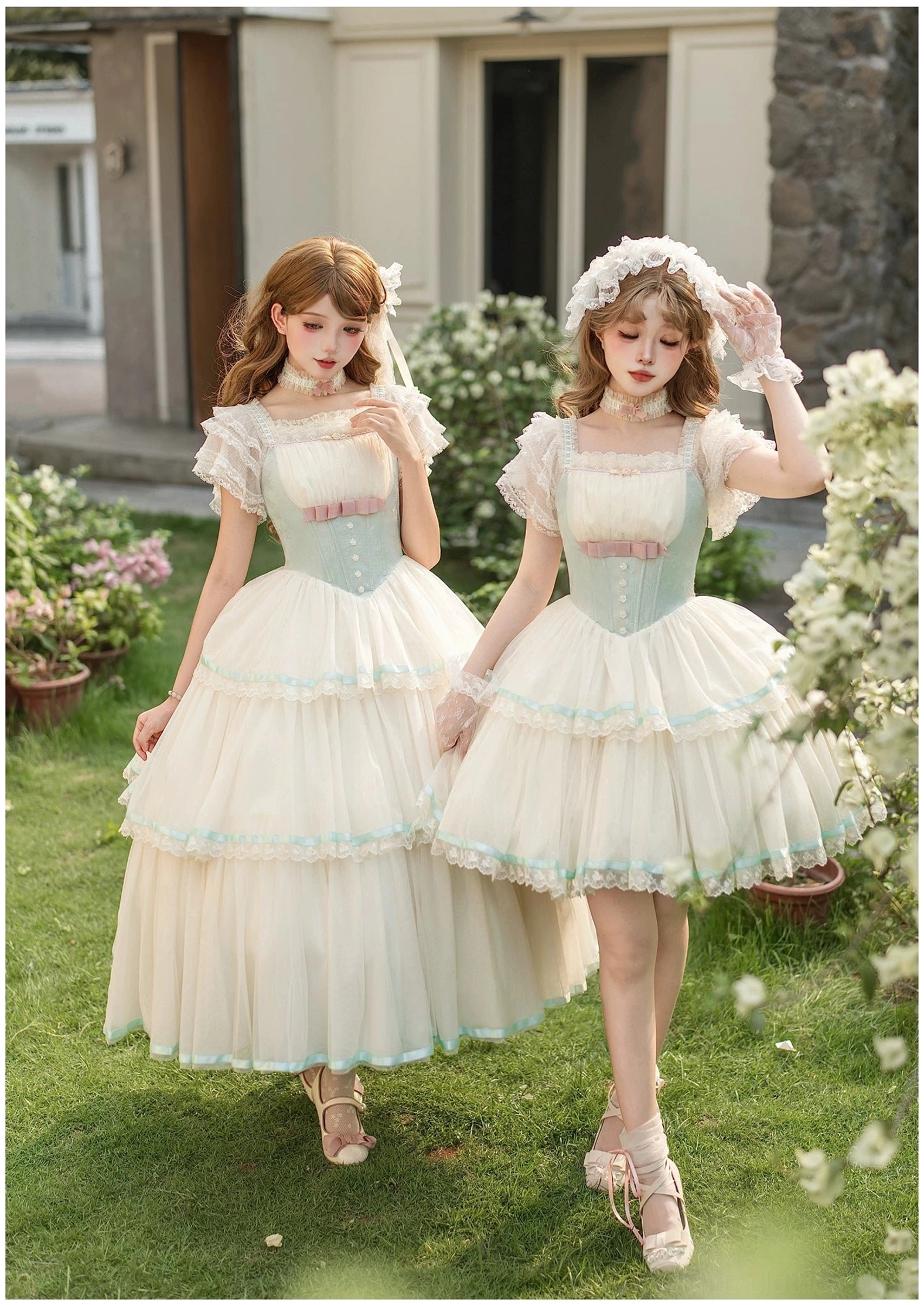 Classic lolita JSK dress square neckline ruffled design rose lace trim decorative detail