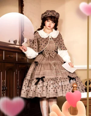 Classic plaid polka dot lolita jsk dress suit full body front view vintage home study setting with brown plaid fabric black bow decorations layered ruffled skirt matching check beret