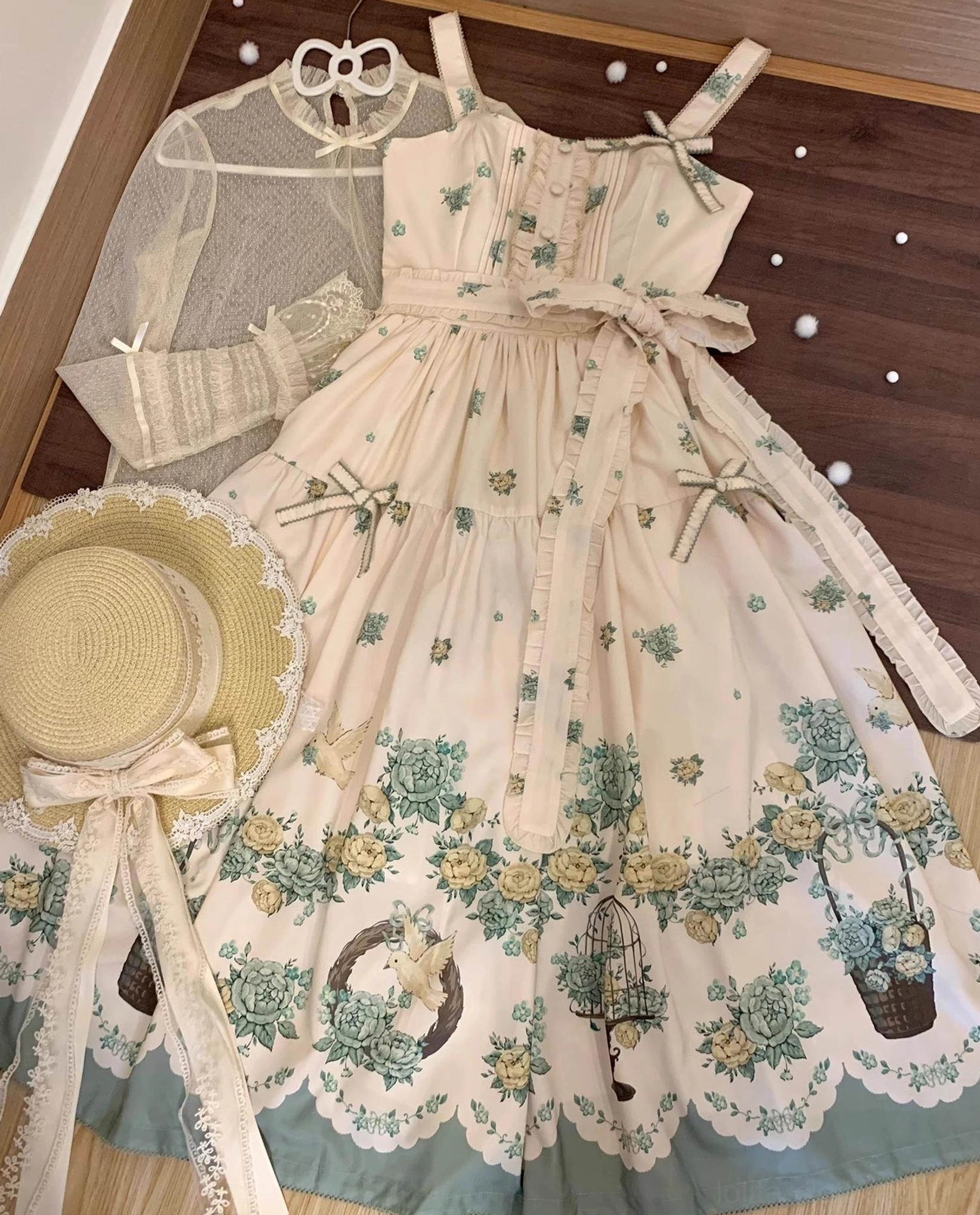Classic lolita jsk floral print dress alternative angle showcasing full silhouette and design proportions, cream and blue botanical pattern