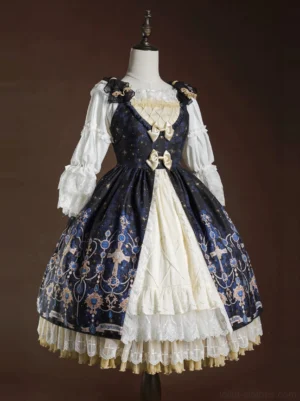Classic Lolita JSK jumper skirt with puff sleeves front three-quarter view dark blue gold foil jacquard white front panel tiered lace hem bow bust decorations
