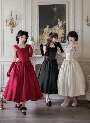 Classic satin lolita JSK dress front view group shot three models wearing elegant vintage inspired midi dresses with wide shoulder straps and flared skirts