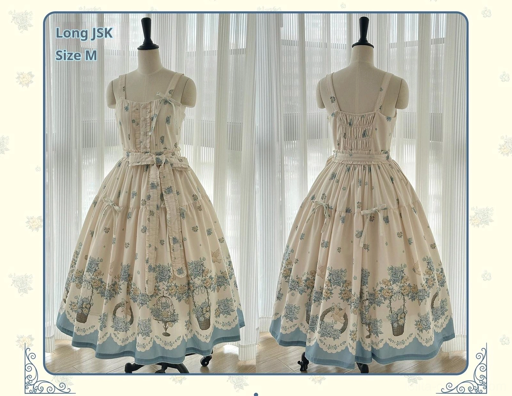 Size M long-length classic lolita jsk dress front and back dual view, cream fabric with blue garden floral patterns, scalloped hem, bow waist sash, spaghetti straps, official showcase
