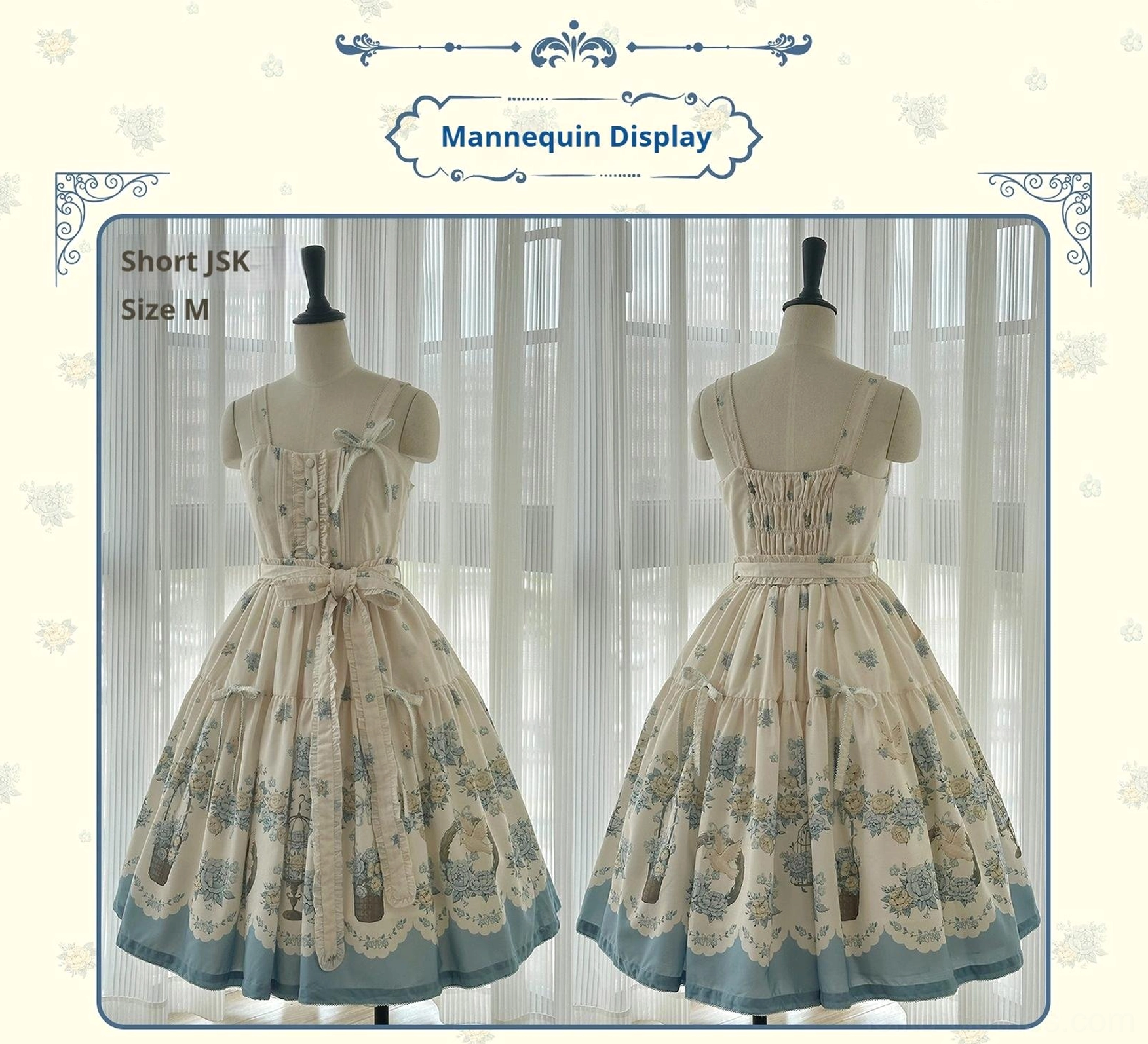 Size M short-length classic lolita jsk dress front and back dual view, blue floral print, scalloped blue hem, bow waist sash, spaghetti shoulder straps, official product card