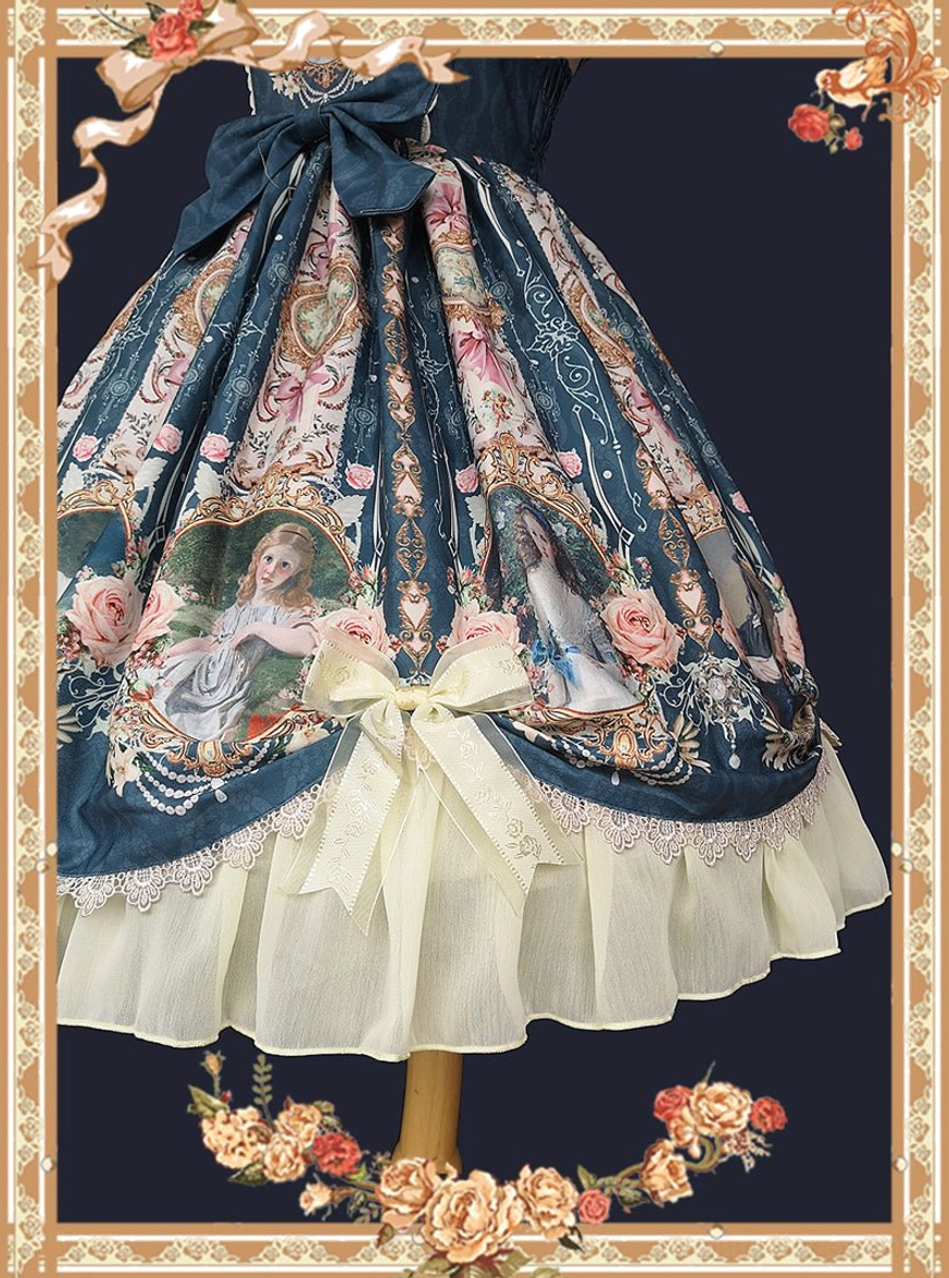 Close-up detail of classic lolita jumperskirt skirt section vintage portrait roses floral print cream satin bow layered ruffle hem