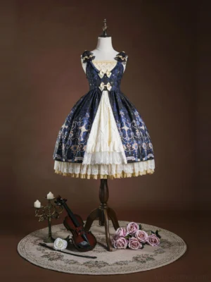 Sleeveless classic Lolita JSK dress full front view dark blue base gold foil retro print cream white front panel ruffled lace hem bow bust decorations structured silhouette