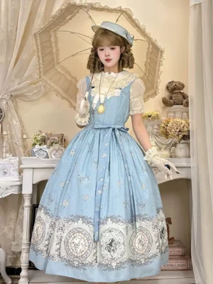 Classic lolita JSK jumper skirt with vintage porcelain plate print, sky blue base, worn by model in retro European interior with lace parasol and matching headdress