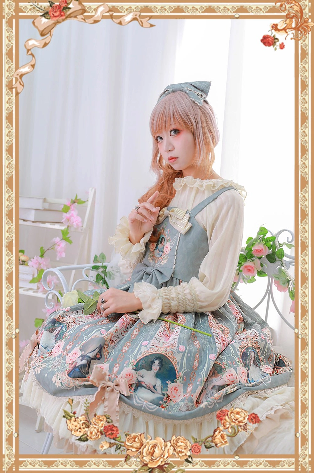 Classic lolita vintage portrait jumper skirt fabric texture quality detail premium polyester construction close-up