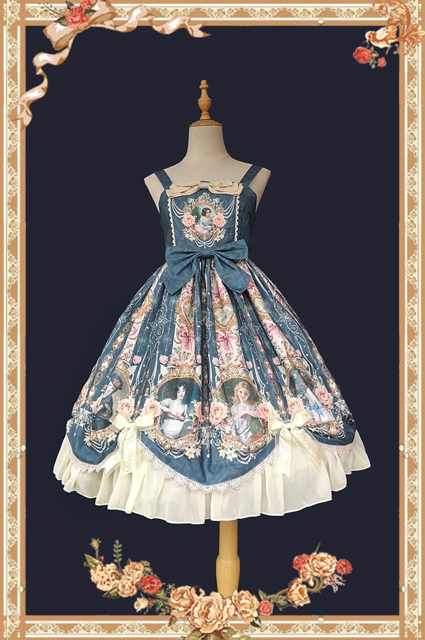 Classic lolita jumper skirt on mannequin full front display dark navy background romantic vintage portrait floral print