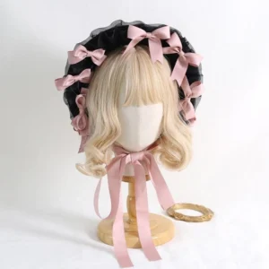 Classic lolita lace bonnet hat with detachable milky white satin bows front view showcase mannequin display