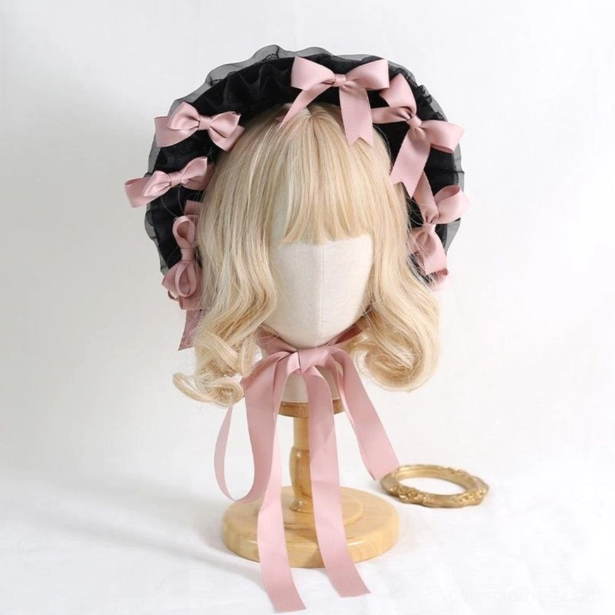 Classic lolita lace bonnet hat with detachable milky white satin bows front view showcase mannequin display