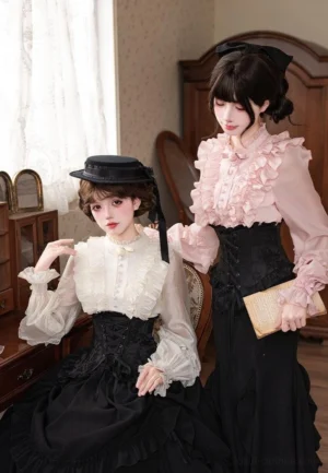 Vintage retro bedroom setting featuring two models wearing classic lolita lantern sleeve blouses in pink and white with delicate ruffled stand collars paired with black fishtail corset skirts, showcasing the romantic aesthetic silhouette