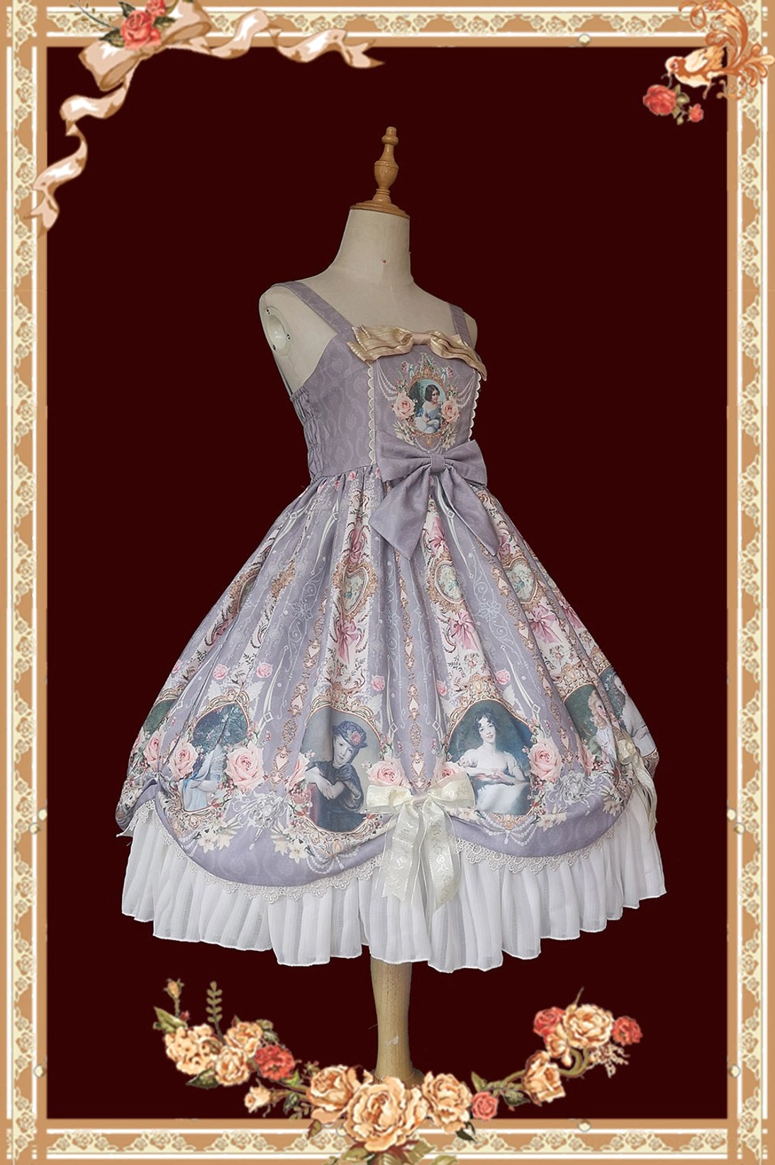 Lavender purple classic lolita vintage portrait jumperskirt three-quarter mannequin pastel base large waist bow cream ruffle hem