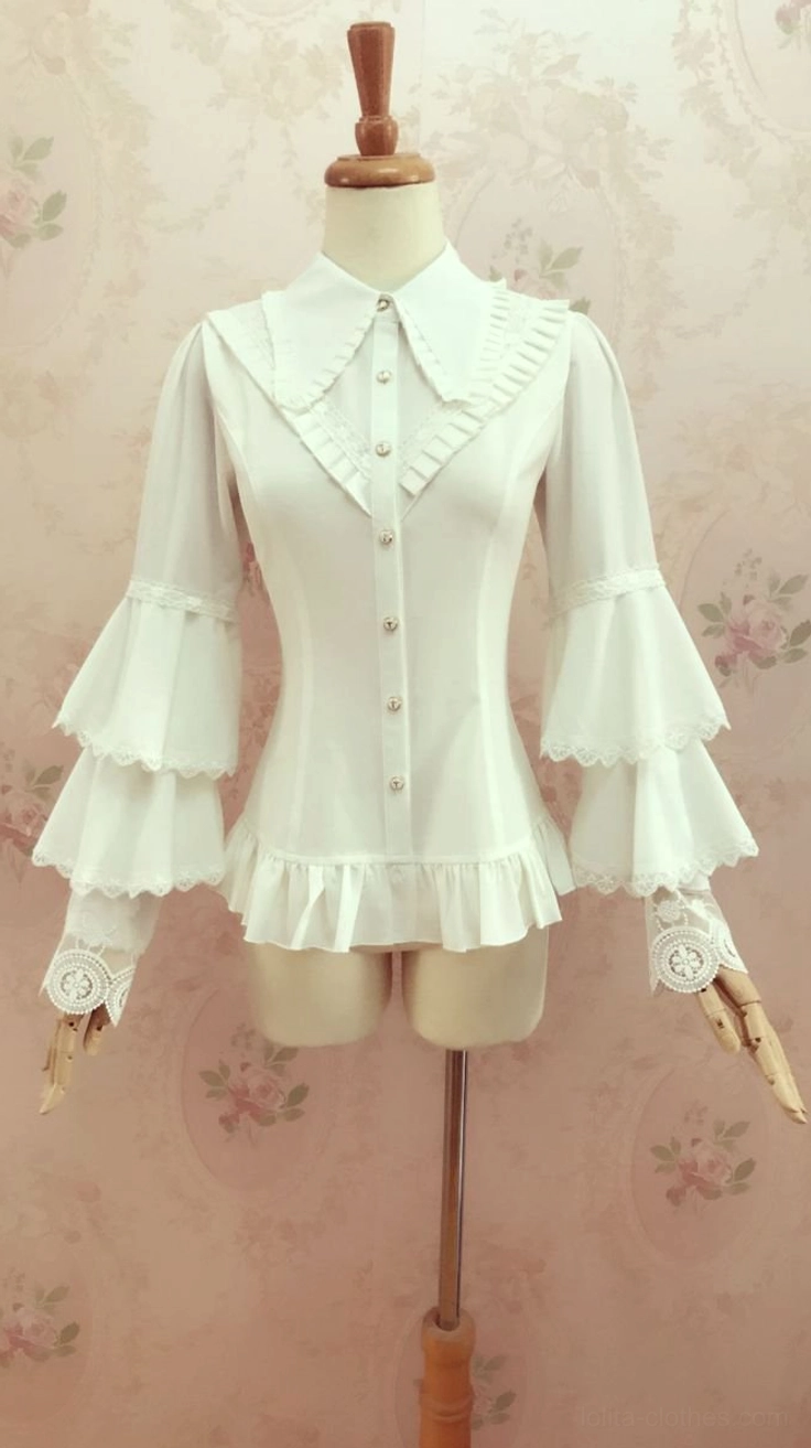 Classic lolita long sleeve blouse white full front view straight wooden mannequin pleated collar pearl buttons ruffled hem