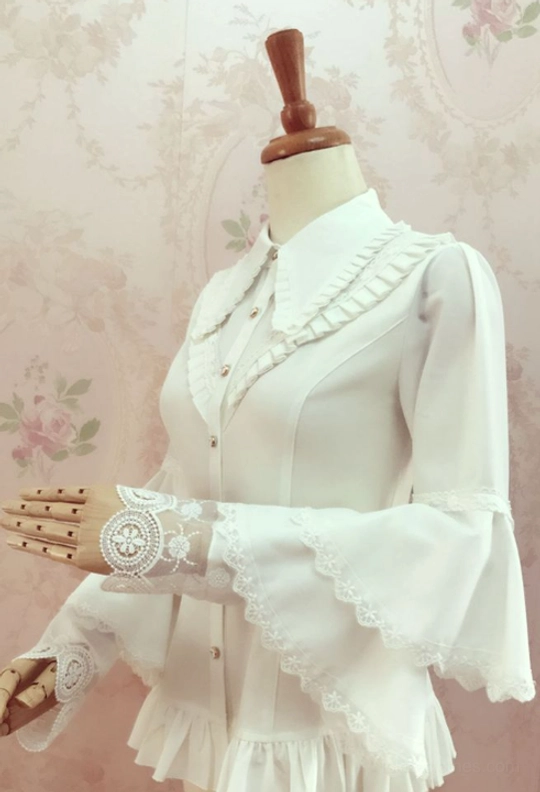 Classic lolita long sleeve blouse white three-quarter side left view decorative lace cuffs tiered bell sleeves fitted waist front buttons