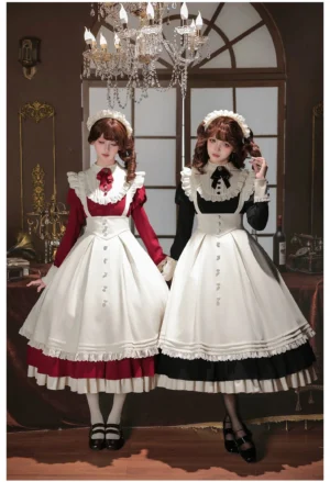 Classic lolita maid OP dress with detachable flutter sleeve apron in wine red and black, dual model group photo showcasing maid aesthetic styling with white ruffled collar and layered hem