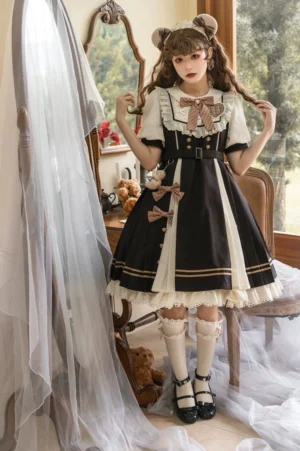 Chocolate and beige classic lolita one-piece dress short-sleeve full-body front view model wearing size S with peter pan collar and tiered ruffled hem