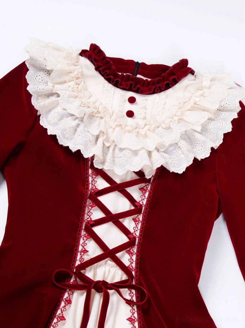 Winter classic lolita OP dress upper bodice close-up ruffled lace collar crisscross front lace-up decorative collar buttons