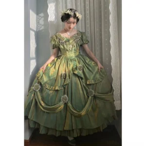 Classic lolita OP dress with handcrafted rose appliques in forest green satin, featuring off-the-shoulder short sleeves and voluminous ball gown skirt with tulle layering