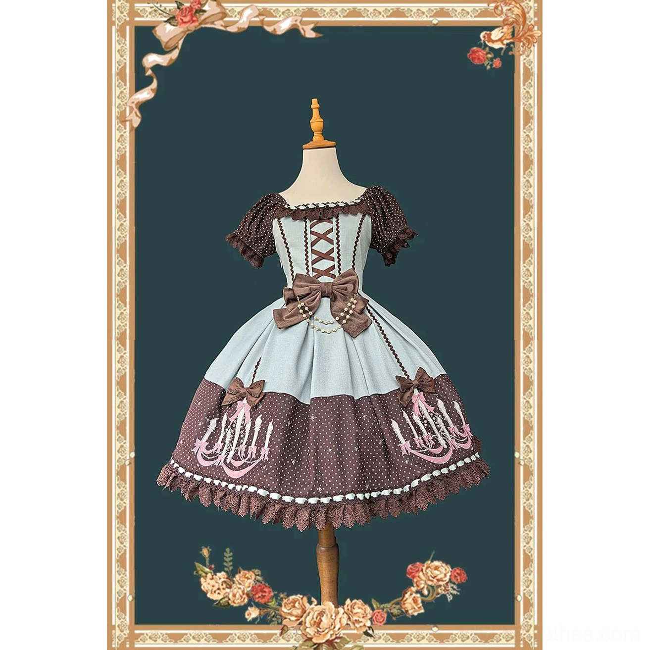 Classic lolita OP dress in light blue, brown and black tri-tone matching with off-the-shoulder ruffled sleeves, lace-up corset, and scalloped polka dot skirt trim