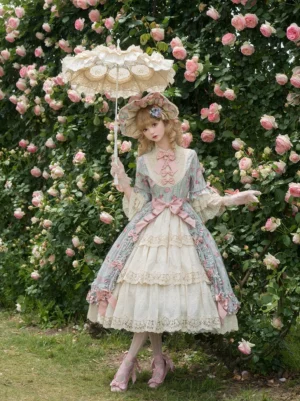 Classic lolita OP dress front view elegant floral print pink solid color princess sleeves ruffled lace hem
